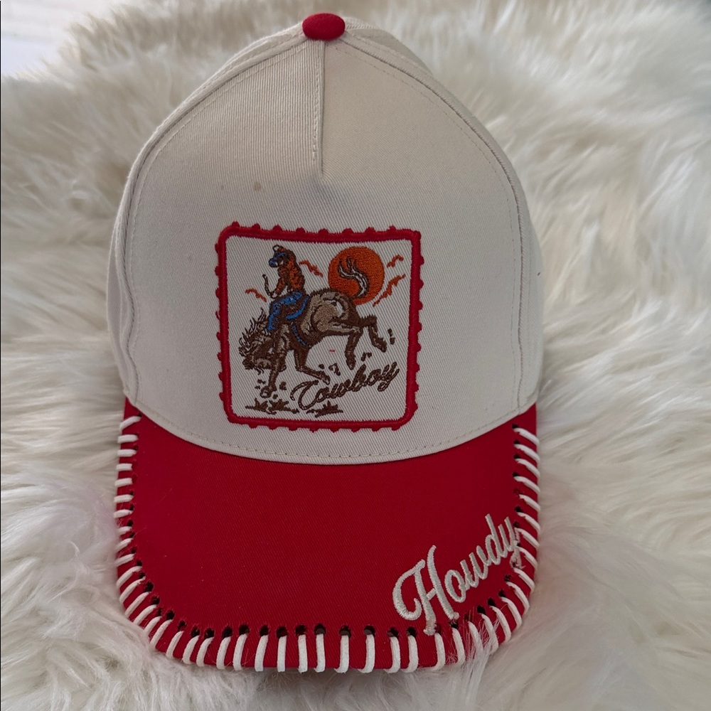 Howdy Cowboy Embroidered Red & White Trucker Hat